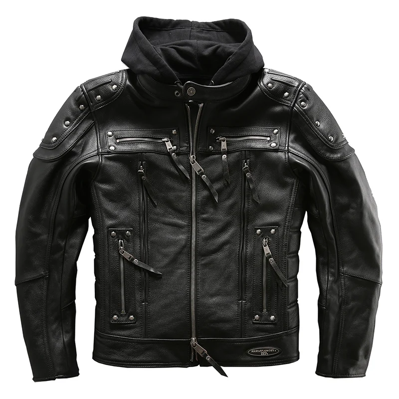 Мужская модная профессиональная мотоциклетная байкерская куртка из натуральной кожи, Мужская Черная куртка из воловьей кожи с заклепками