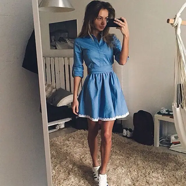 Women Fall Chic Denim Dress Jean Wrap 