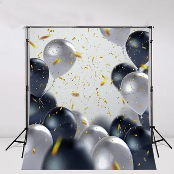 

festive glossy Black white balloon golden Coloured ribbon Background Vinyl cloth Computer printed party backdrops