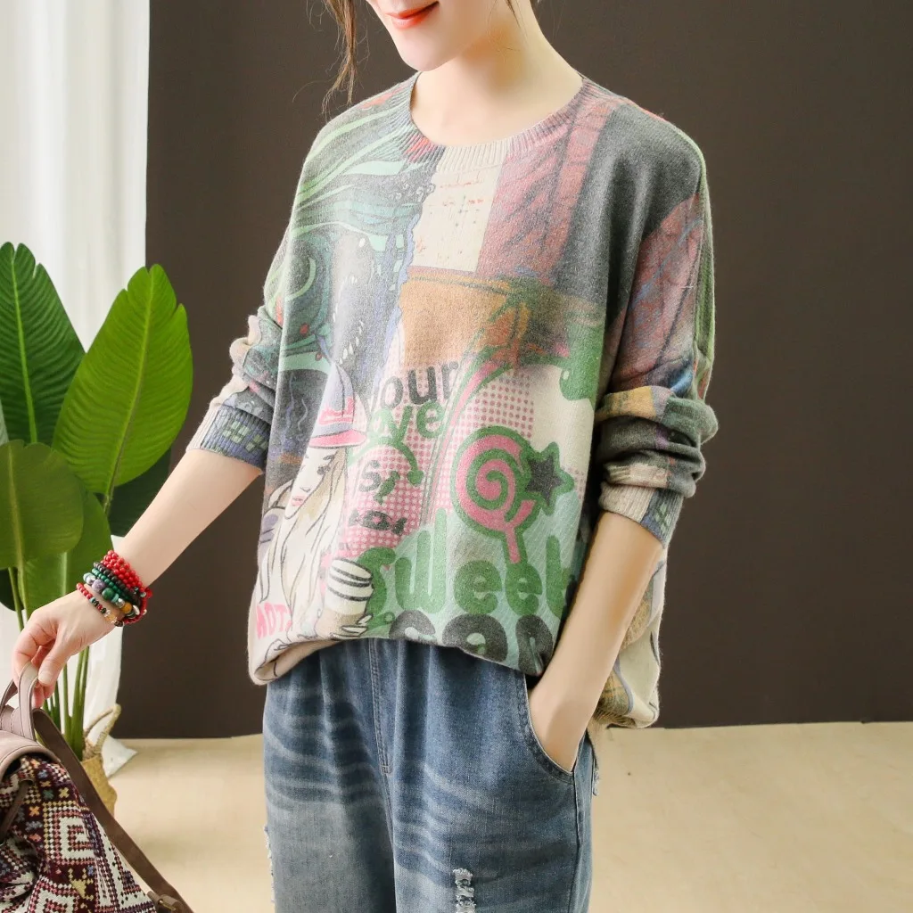 

autumn loose knitted women's o-neck printing sweater pullover mori girl T71707