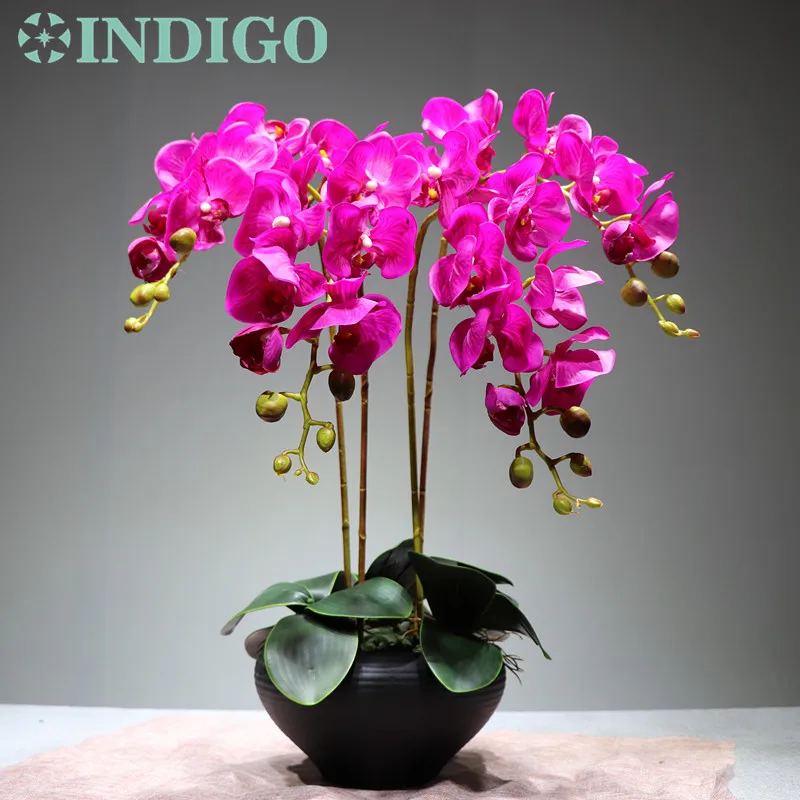 Индиго-цветок орхидей Аранжировка(4 шт цветок+ 3 шт. Лист) реальный сенсорный стол Свадебная вечеринка Цветок декоративное мероприятие