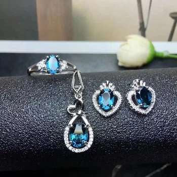 

Natural blue topaz Ring Pendant Earrings Natural Gemstone Jewelry Set 925 Silver Lovely foot geometry Women party gift jewelry