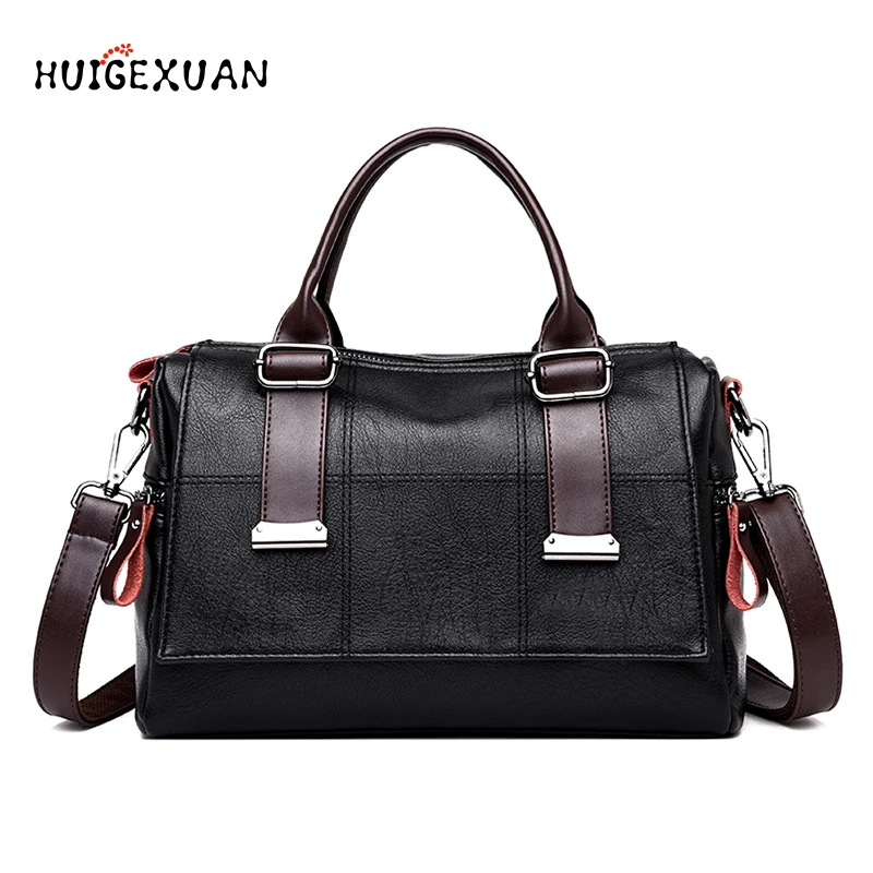 

2019 New Women Boston Bag Vintage PU Leather Female Handbags High Quality Leisure Women Messenger Shoulder Luxury Handbags Black