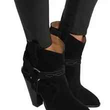 Модные замшевые Для женщин с острым носком Ботильоны Вышивка Лодыжки пряжки женские шпилька Сапоги и ботинки для девочек женские сапоги без застежек