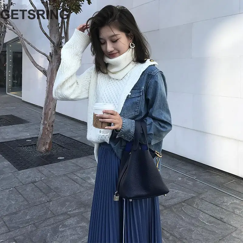 Pull Getsring Femmes Chandails À Spliced Tricoté As Picture Chandail Asymétrie Top Lâche Manches Col Longues Denim Roulé qGzMVUSp
