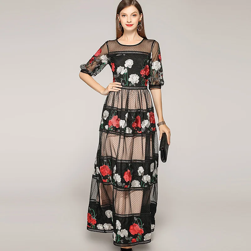 

High quality embroidered floral mesh dress Brand new short sleeves maxi dress 2019 summer runways party dress A203