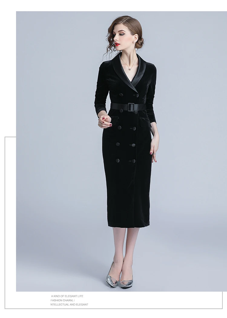 Женское осенне-зимнее атласное двубортное бархатное платье с длинным рукавом и зубчатым вырезом, приталенное облегающее платье средней длины с поясом для офиса