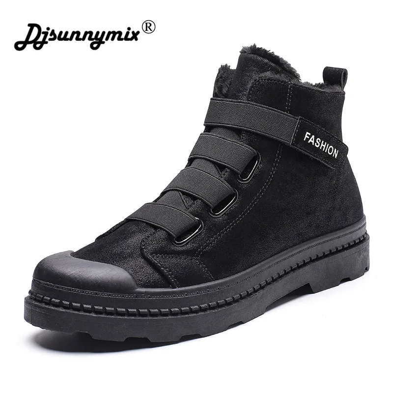 

DJSUNNYMIX New Men Winter Boots Fashion Brand Men Motorcycle boots Ankle black High-top Cotton Snow Boots With Full Fur lining