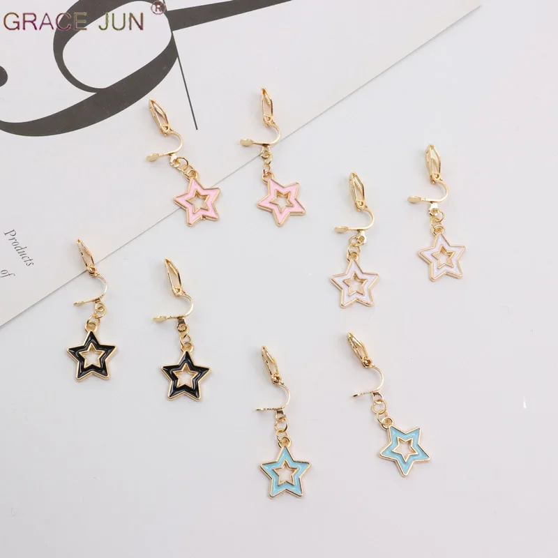 

GRACE JUN Gold Color Hollow-out Small Enamel Star Clip on Earrings No Pierced for Girl Student Fashion Popular Cuff Earrings New