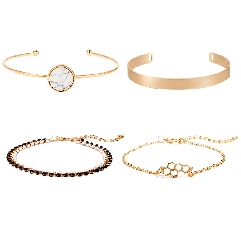 4 Pcs /Sets Gold Color Bohemian Bracelet Cool Set Geometric Charm Wrist Chain Women | Украшения и аксессуары
