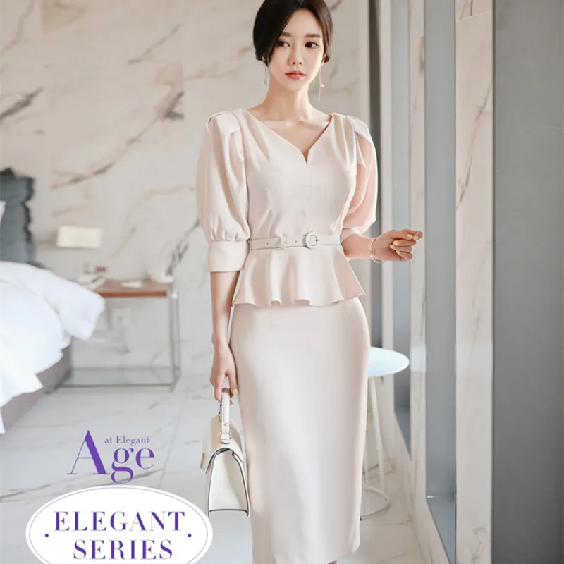 

New Arrival Women 2 Pieces Set Solid Summer OL Office Work Two Pieces Set Ruffles Blouse and Midi Wrap Dress Casual Suits Set