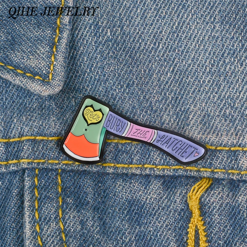 

QIHE JEWELRY Hatchet Enamel Pin Peace Lapel pin Purple Aex Pin Cute Heart Badges Brooches for Friends