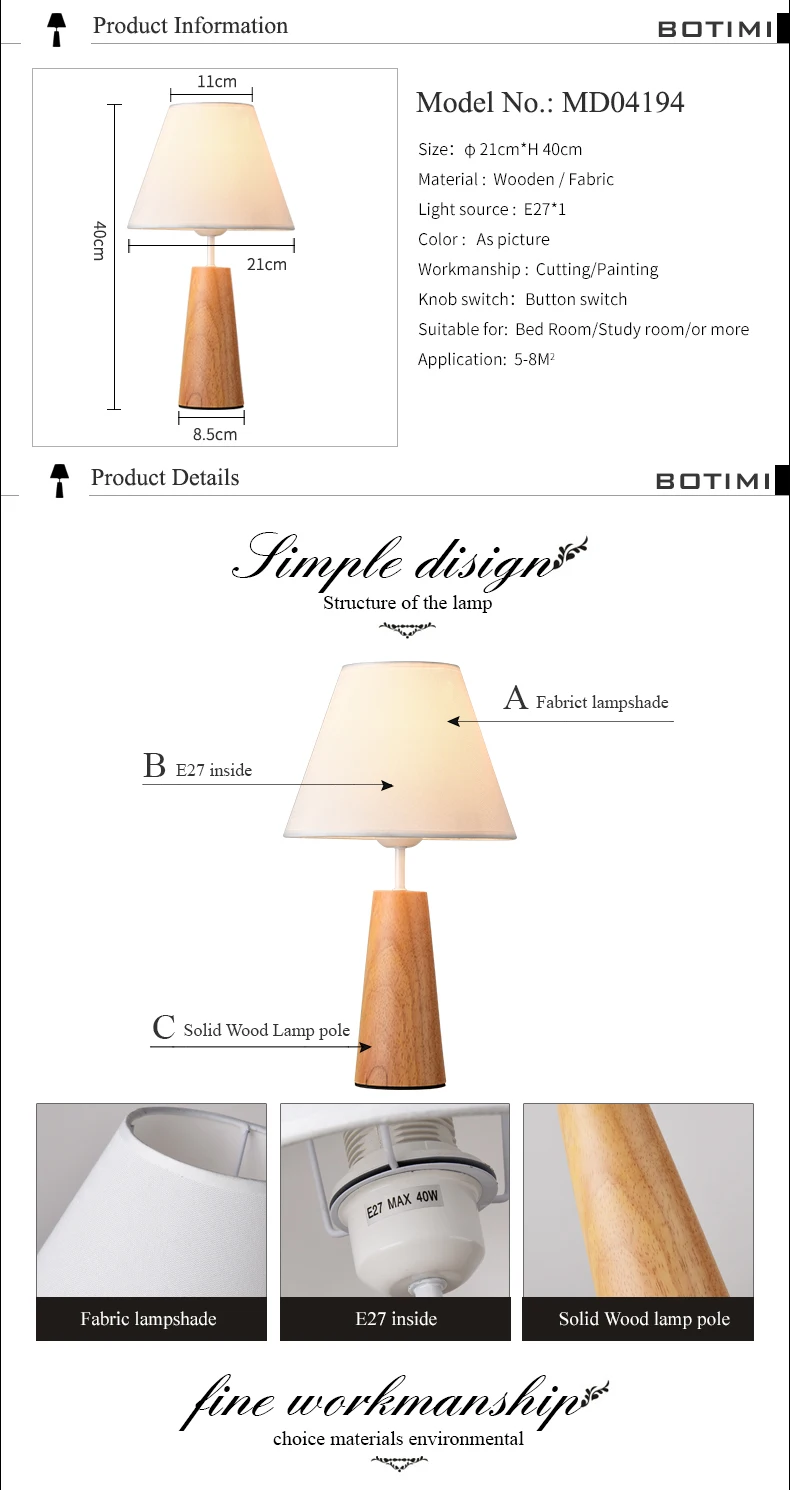 BOTIMI деревянная настольная лампа с тканевым абажуром для прикроватной тумбочки для спальни lamparas de mesa книжные лампы Deco Luminaria освещение для чтения