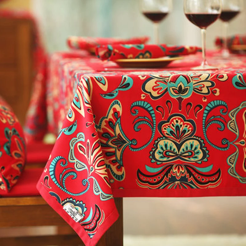Red Ethnic Flower Square Tablecloth Dining Table Cloths Linen Rectangular Multi Sizes Table