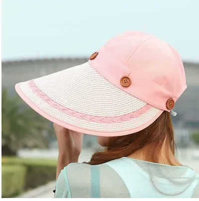 Защита от Солнца шляпа Дамы широкими полями соломенной Для женщин Широкий Большой Брим Floppy Летний пляж Защита от Солнца шляпа соломенная шляпа и пуговицы Кепки летние Шапки для Для женщин - Цвет: Pink