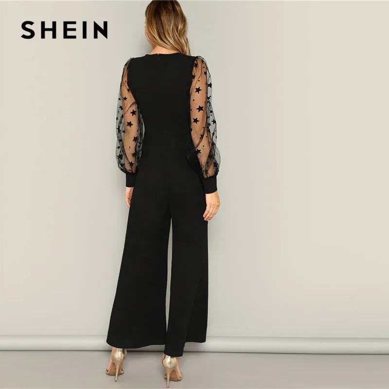 SHEIN Black Contrast Mesh Galaxy Print Sleeve Top And Wide Leg Pants Jumpsuits Women Elegant V neck OL Work Plain Jumpsuit