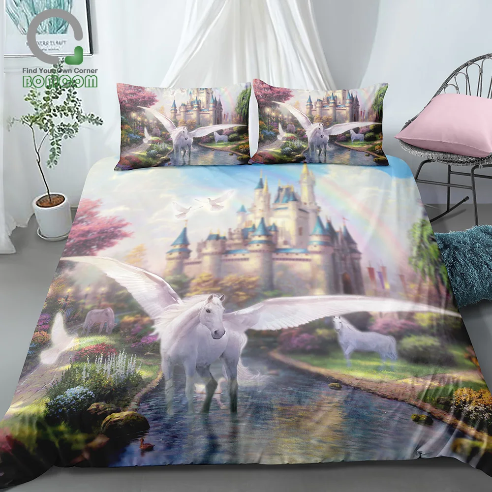 

BOMCOM 3D Digital Printing 3D Unicorn Bedding White Horse Pegasus Unicorn Fairyland Castle Duvet Cover Set 100% Microfiber Pink