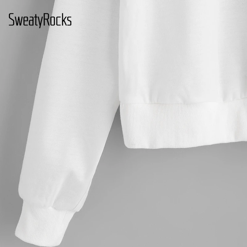 SweatyRocks قطرة الكتف اسكواش مخطط كم السترة الأبيض طويل كم جولة الرقبة إلكتروني البلوز النساء الخريف البلوز