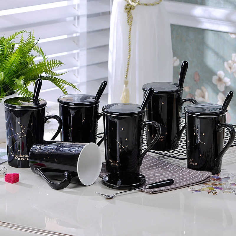 

Original Coffee Mug 12 Constellations Black and White Porcelain Coffee Milk Mugs with Lid Spoon Nordic Kitchen Ceramic Cup 380ML