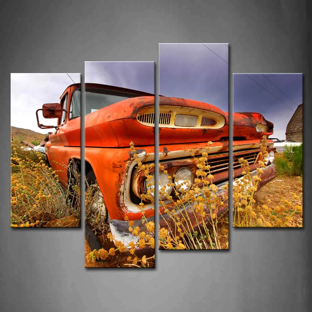 

Framed Wall Art Pictures Old Car Field Canvas Print Artwork Architecture Modern Poster With Wooden Frame For Living Room