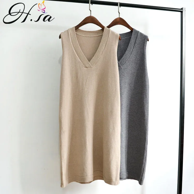 

H.SA 2019 Women Spring Sweater Dresses and Knitted Vestidos V neck Loose Jumpers Long Knit Vest Sleeveless Dress harajuku Tops