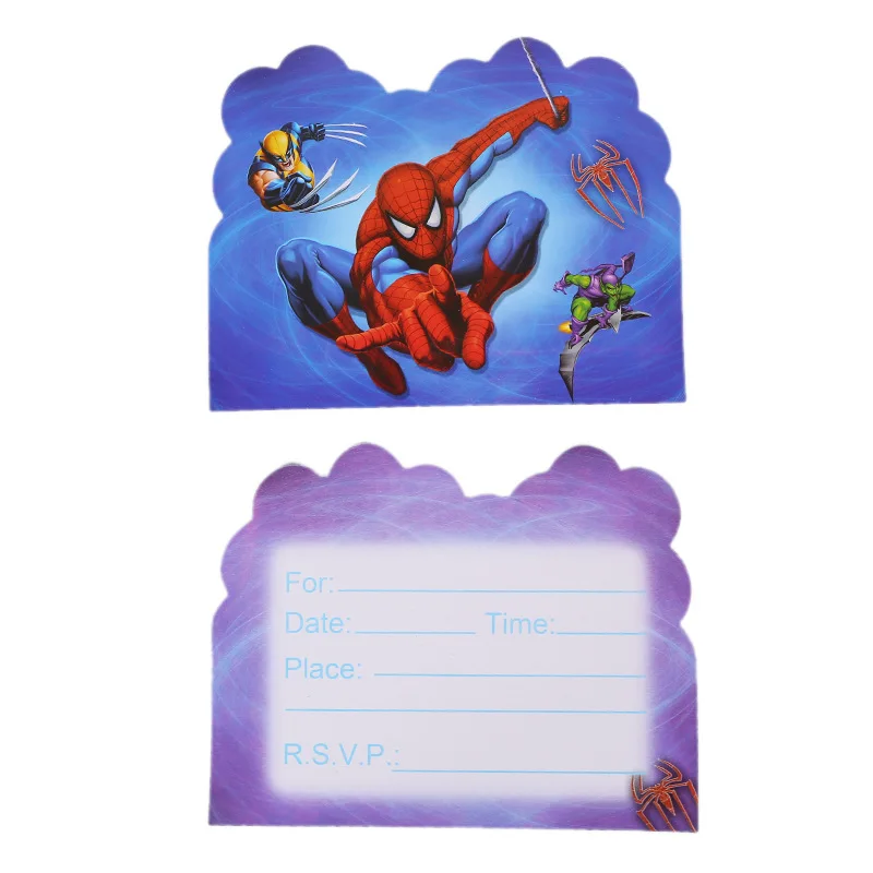 Новые Вечерние принадлежности с изображением Человека-паука для детей на день рождения, вечерние принадлежности для стола, чашки, вилки, салфетки - Цвет: inviting cards 10pcs