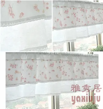 

Free shipping cotton Lace pink Floral country rustic semishade curtain kitchen curtains coffee curtain 150*40cm customized