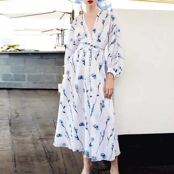 

2020 New Arrival Runway Designer Dress Women Chiffon Floral Printed Long Maxi High Quality Sweet Elegant V Neck Dresses Femme