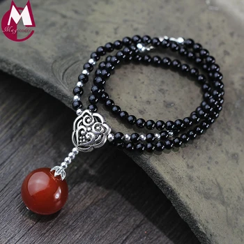

5mm Round Black Agate Beads Chain 20mm Red Gem Pendant Luxury Wedding Jewelry Hollow Real 925 Sterling Silver Necklace Women
