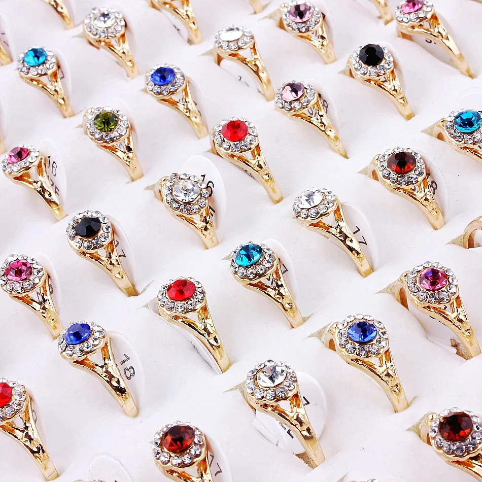 QianBei 50pcs/set Fashion Gold Color Cute Colorful Rhinestone Finger Rings Jewelry For Men Women Gifts Couple 4