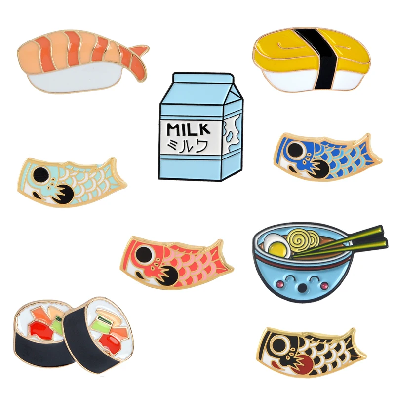 

Japanese Food Brooches collection Sushi Milk Ramen Fish Koi flag Bag Clothes Decorative Jewelry Brooch Lapel Enamel Pin Badge