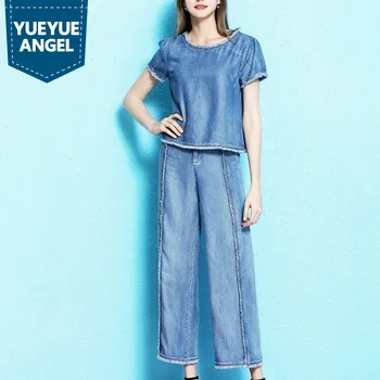 

Summer O-Neck Tassel Denim Tshirt 2 Piece Set Women England Style Fashion Blue Short Sleeve T-Shirt + Wide Leg Pants Set