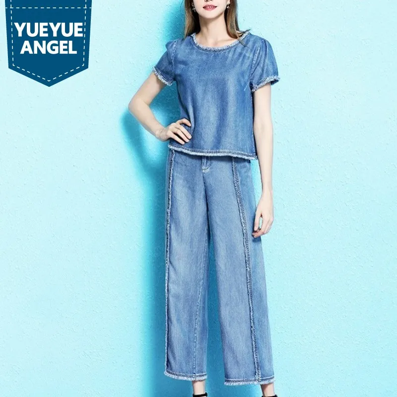 Zomer 2019 O-hals Kwastje Denim Tshirt 2 Delige Set Vrouwen Engeland Stijl Mode Blauw Korte Mouw T-Shirt + Wijde Pijpen broek Set Zomer 2019 O-hals Kwastje Denim Tshirt 2 Delige Set Vrouwen Engeland Stijl Mode Blauw Korte Mouw T-Shirt + Wijde Pijpen broek Set