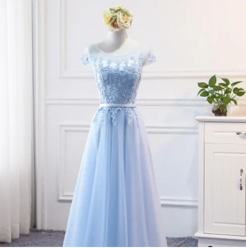 tea length a Robe De Soriee новые милые синие кружевные платья подружки невесты Длина до пола с коротким рукавом и аппликацией вечерние платья невесты на выпускной - Цвет: tea length a