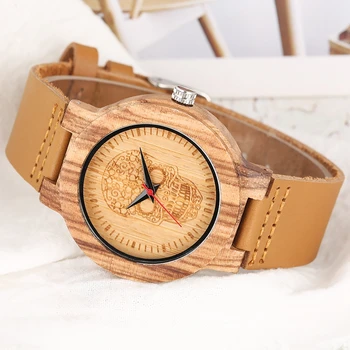 

Wood Watch Men's Watches Natural Handmade Engraved Skull Compass Elk Dial Creative Watch Brown Leather Woody Clock Hour Men Gift