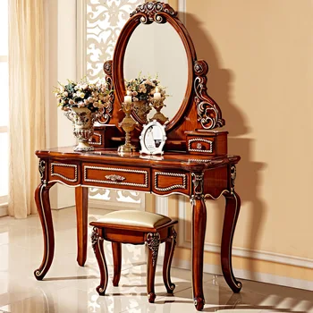 

American Carved Dressing Table + Mirror + Bedroom Dresser Stool Cosmetic Mirror