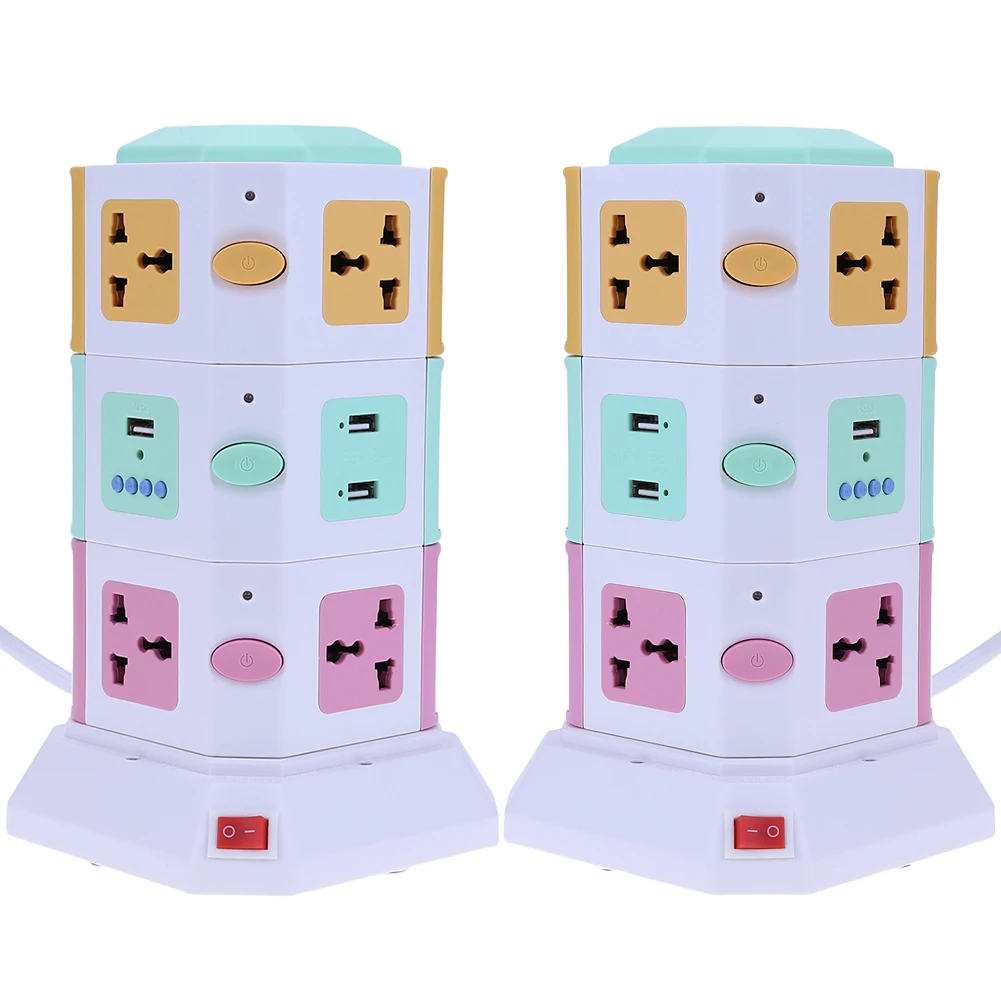 

3 Layer Smart Electrical Plug UK EU Vertical Power Socket Outlet+2 USB Ports Tower Surge Protector Power Strip Power Sockets