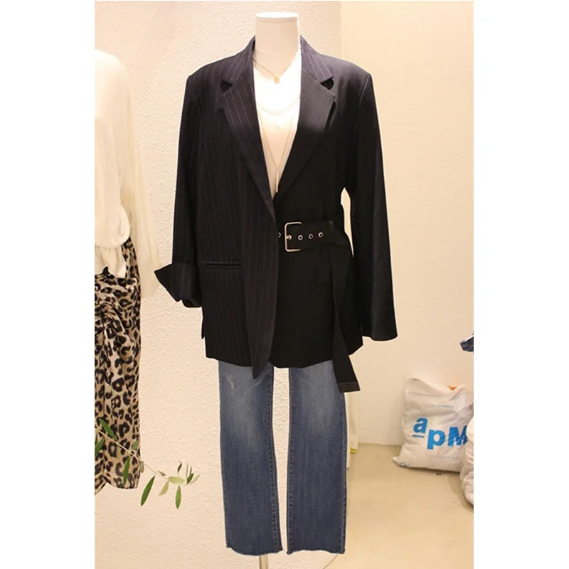 Suit Women Coat Version 2019 Spring New Black Suit Leisure Stripe Splicing Fashion Long-term Trend Women Jackets and Coats