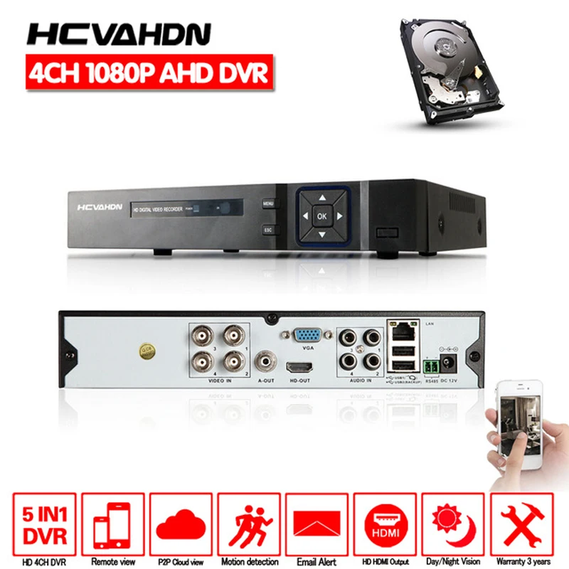 HCVAHDN 5 в 1 DVR 4 канала 4CH 1080P 720P AHD 2MP NVR H HDMI аудио вход Многоязычная электронная почта