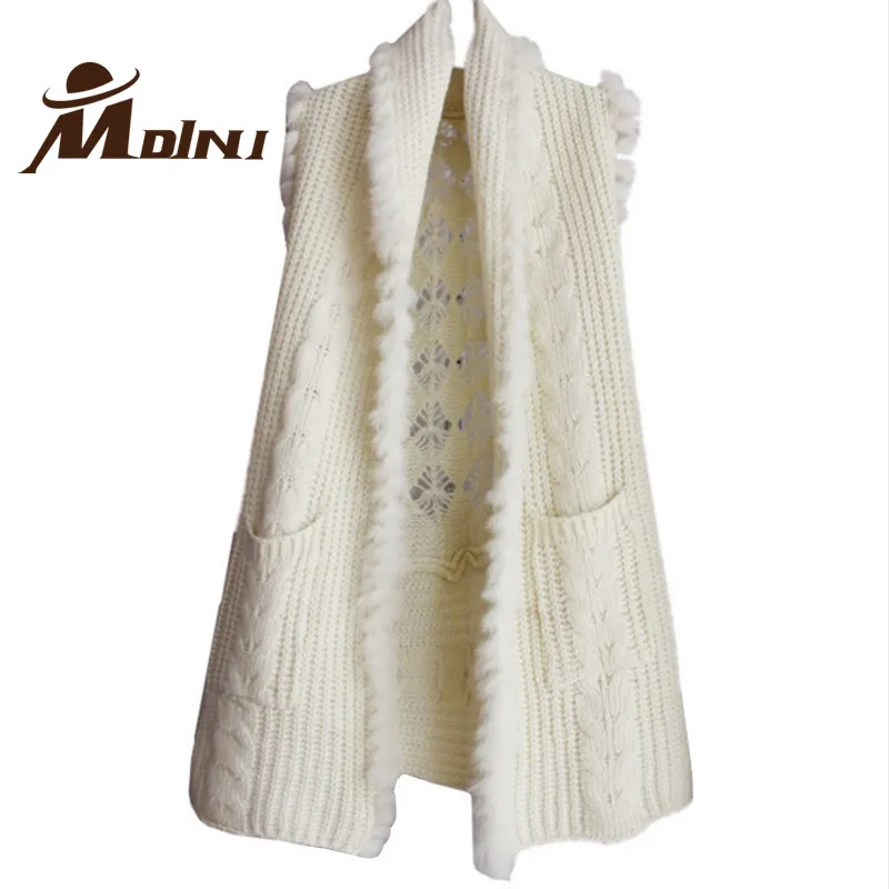 2016 Spring Autumn Vest Rabbit Fur Shawl Women Sleeveless Knitted Sweater Hollow Out Casual Cardigan