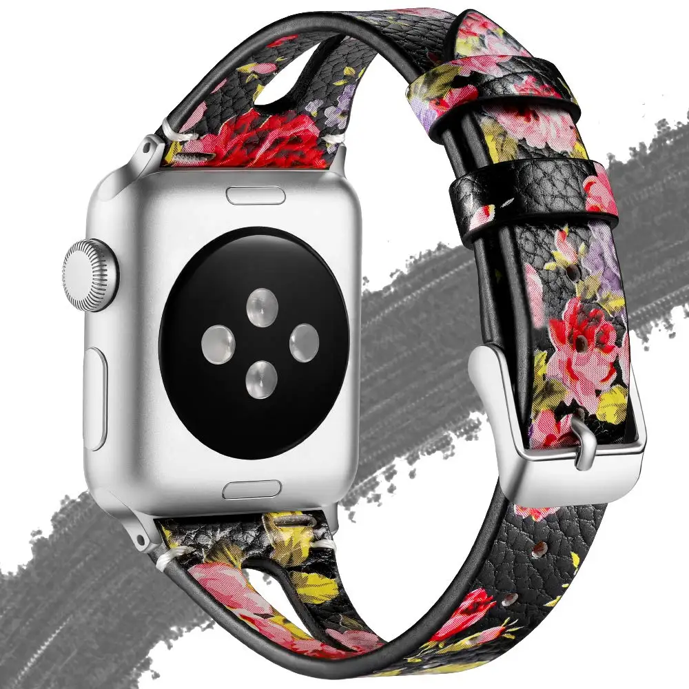 Кожаный чехол с принтом с соединяющей петлёй для браслет для iwatch 44/42/40/38 мм оригинальные запасные браслет для наручных часов Apple Watch, версии