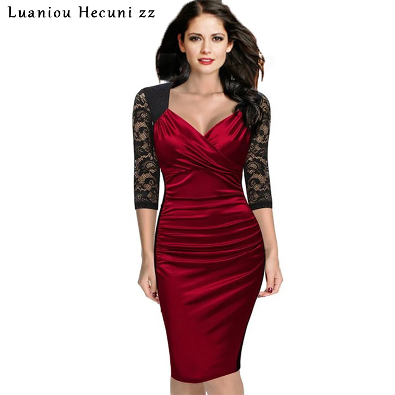 CHU Ni элегантное женское сексуальное кружевное платье в винтажном стиле, глубокий v-образный вырез, топ 3/4, половина рукава, молния сзади, праздничная одежда, повседневное офисное платье-карандаш M043 - Цвет: RE