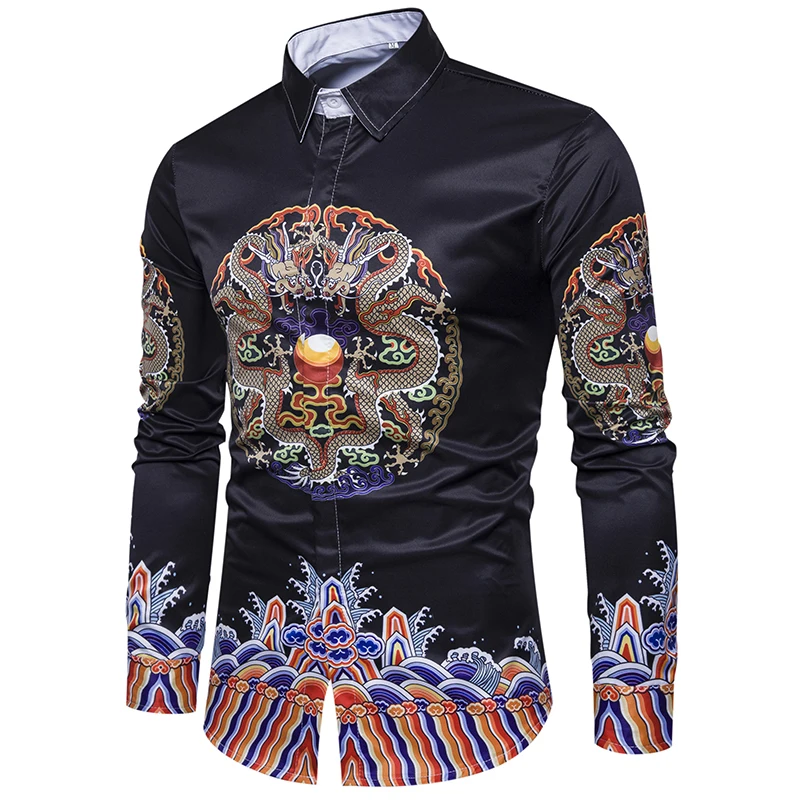 Черный Цвет Новая мужская повседневная рубашка 3D стерео дракон халат печати Ретро симметричные мужчин Модная одежда с длинными рукавами платье-рубашка S-XXXL