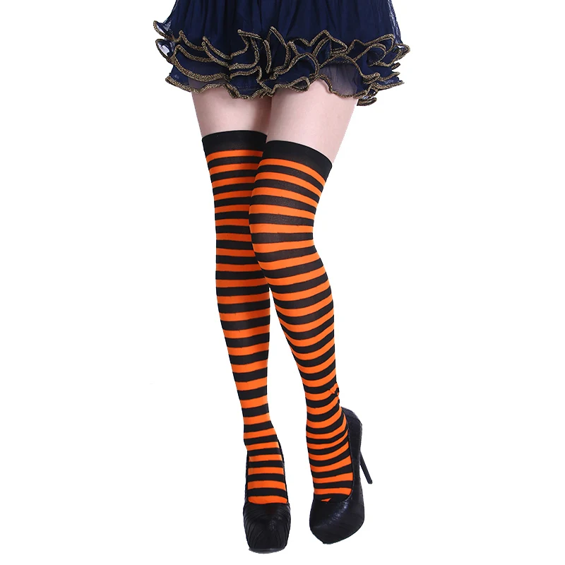 Женские длинные чулки для Хеллоуина, рождественской вечеринки, женские шелковые Полосатые чулки до колен, разноцветные чулки для девочек - Цвет: Orange black stripes