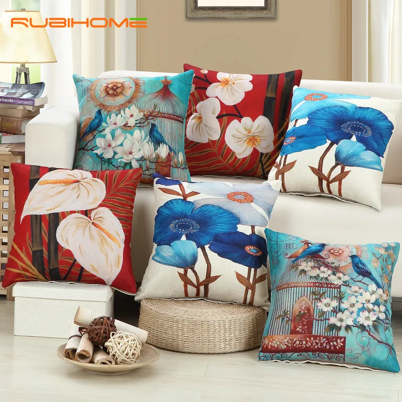 RUBIHOME Wholesale(6pieces/lot) Plant Birds Decorative Cushion Cover Throw Pillowcase Polyester Fabric Home Decor Sofa Seat