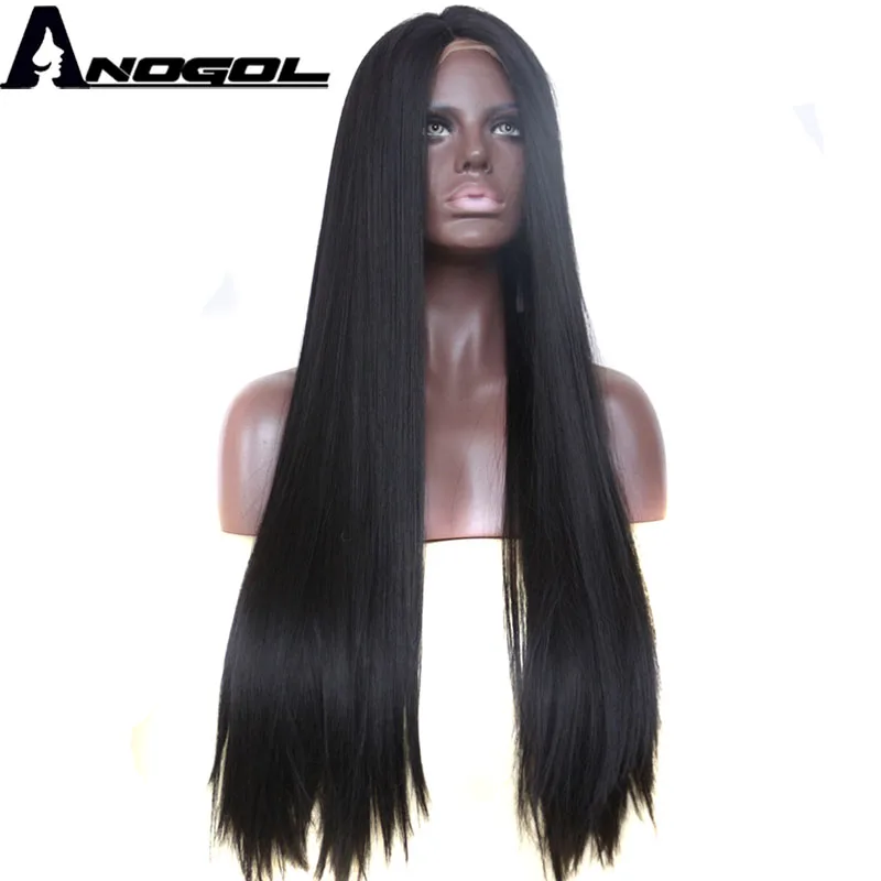 

Anogol Handmade Long Straight Black Synthetic Lace Front Wig Glueless Middle Parting Space Heat Resistant For Black Women