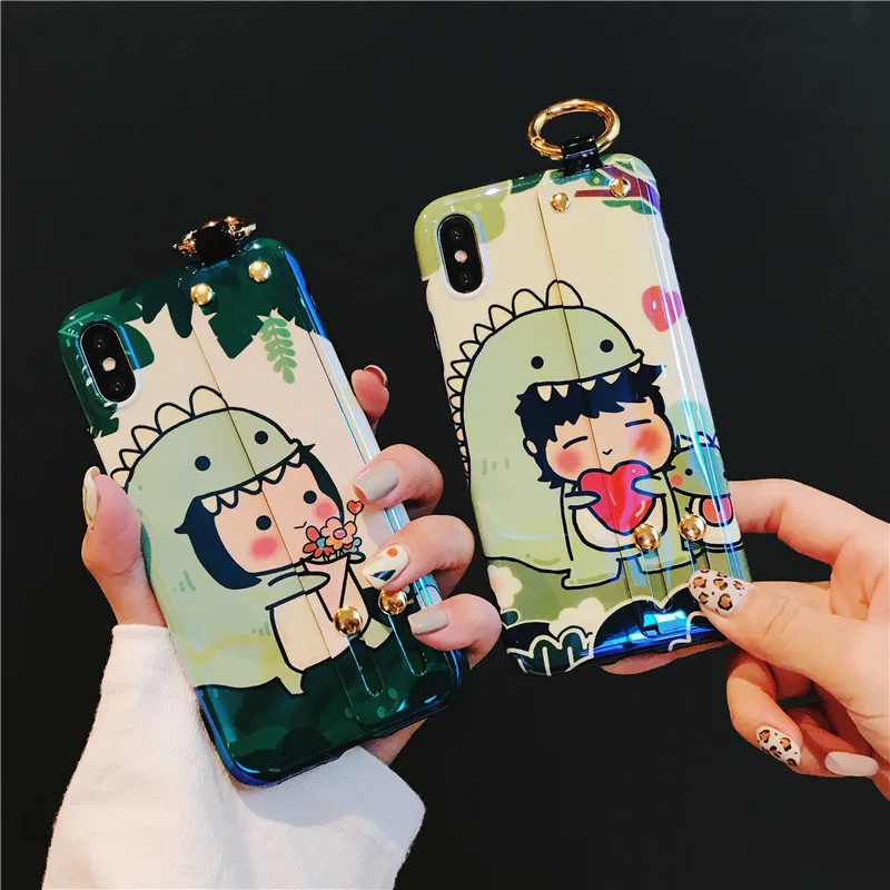

Cartoon Dinosaur Patterned lovely Case for iPhone X case iPhone 6 case 6s plus 7 plus 8 plus Mobile Shell 7P 8P with wristband