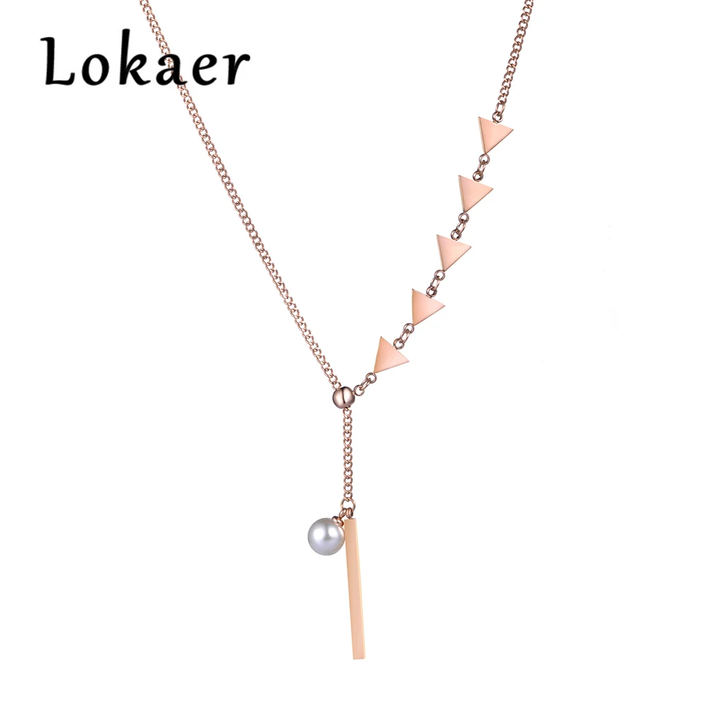 

Lokaer Imitation Pearls Pendant Five Triangles Rose Gold Color Necklace Stainless Steel Sweater Chain Hang Pendant N18249
