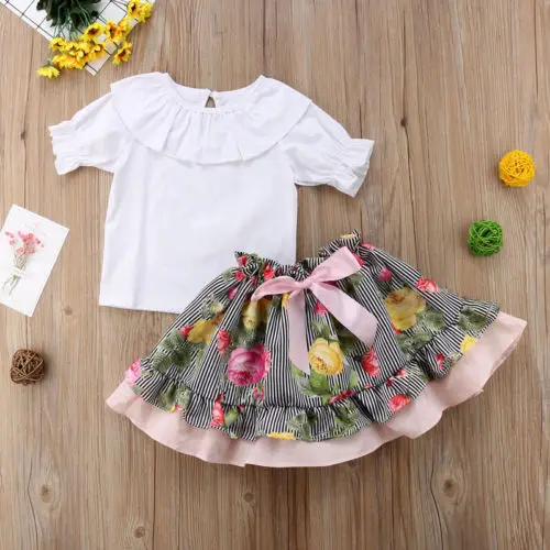 

New Kid Girl Summer Princess Short Sleeve Tops Floral Tutu Skirt 2PCS Tops+Skirt Outfits Baby Girl Ruffle&Flower Print Clothes