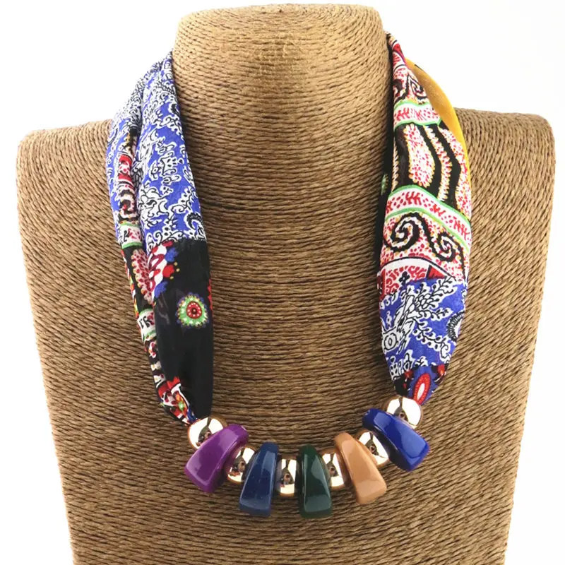 Silk Scarf Necklace resin beads Neckerchief Scarves Women Printed Silk